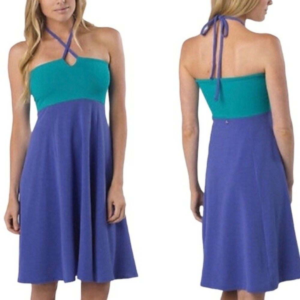 011 Prana Sail Blue & Green Solana Halter Tie Dress Small
